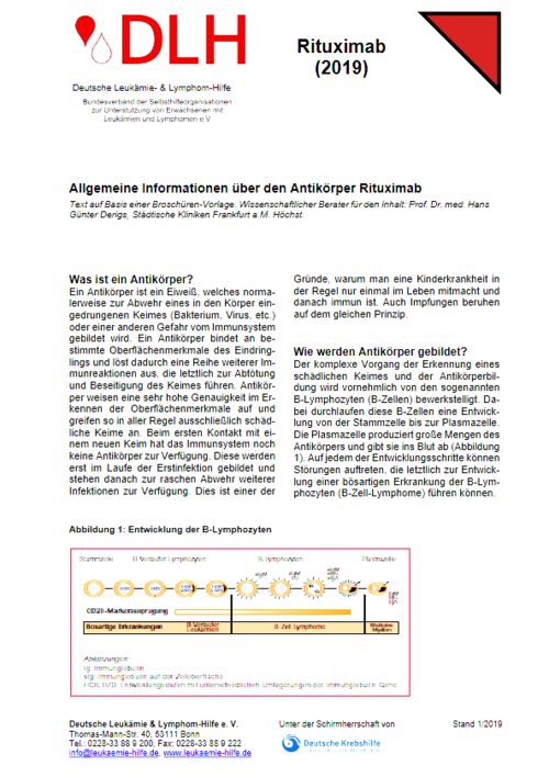 Titelbild des DLH-Infoblatts "Allgemeine Informationen über den Antikörper Rituximab"